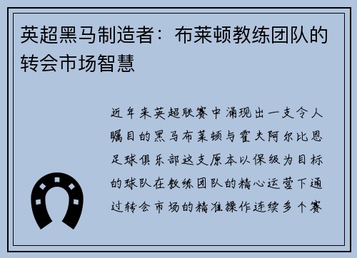 英超黑马制造者：布莱顿教练团队的转会市场智慧
