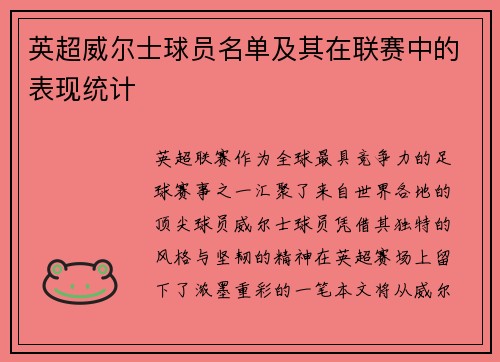 英超威尔士球员名单及其在联赛中的表现统计